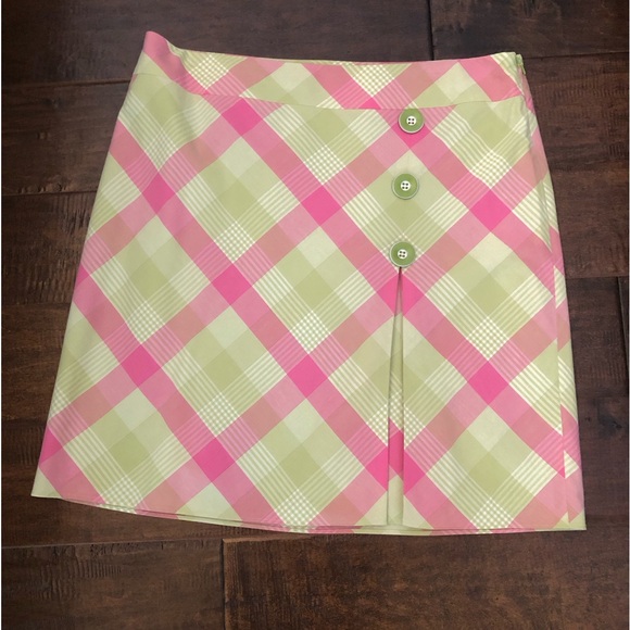 ANN TAYLOR LOFT Pink & Lime Green Plaid Skirt with Lime Green Buttons - Size 12 - Picture 3 of 9